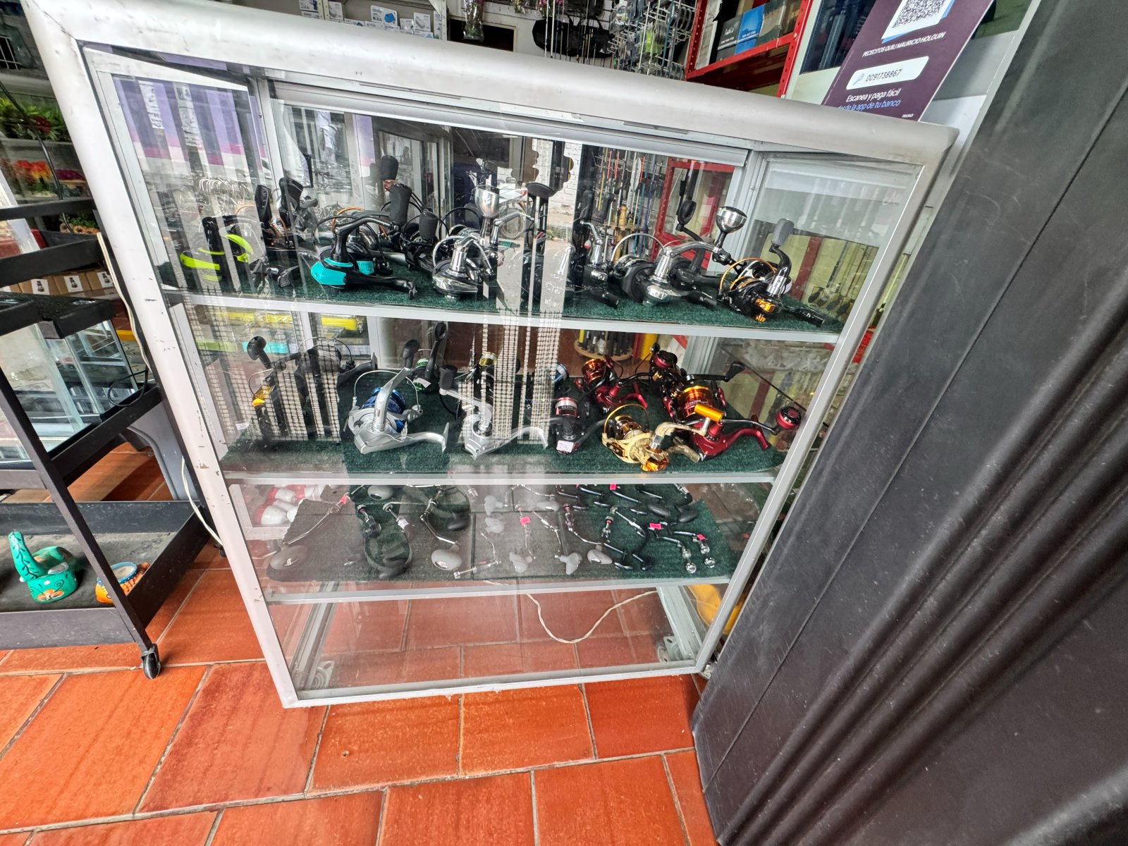 Vitrina con carretes y reels de pesca de distintas marcas